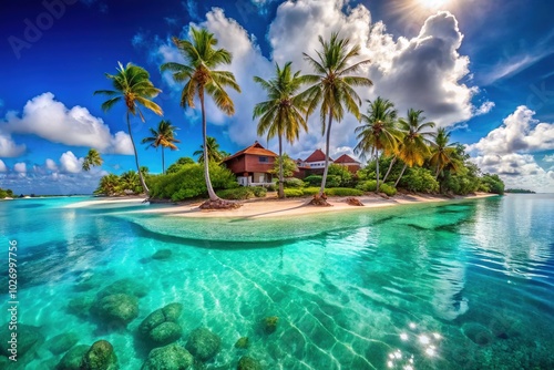 Stunning view of a luxury resort on Paradise Island with turquoise waters and palm trees in the sun