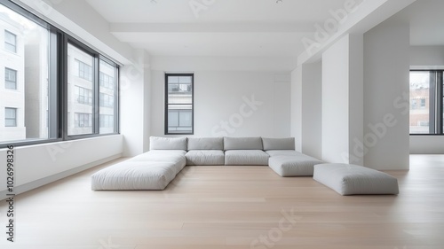 Spacious loft with a minimalist approach, featuring a large sectional and floor cushions for casual seating floor cushions, large sectional, minimalist comfort