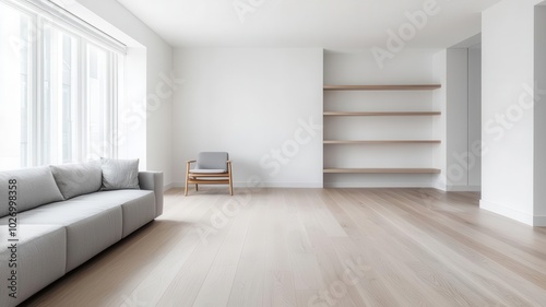 Spacious loft with natural wood floors, simple grey furniture, and open shelving for a minimalist look natural wood floors, grey furniture, open shelving