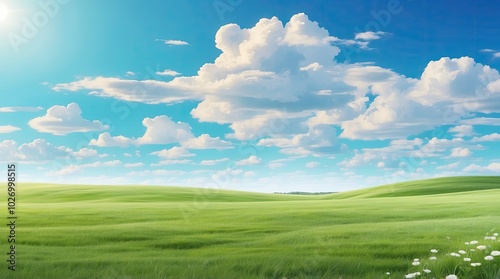 an anime landscape with a path leading to a field of green grass and blue sky,