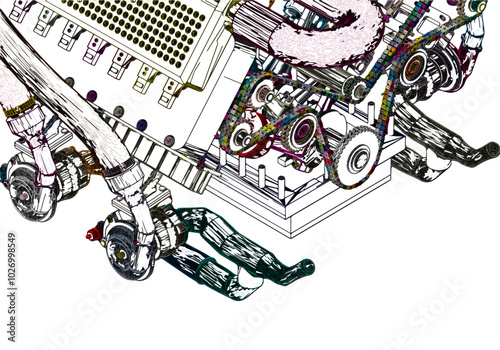 Multicolored V-shaped automobile engine on white background.