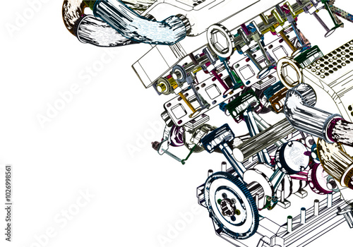 Multicolored V-shaped automobile engine on white background.