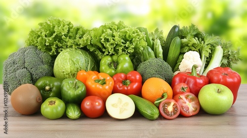 Close-up of vibrant fresh vegetables and fruits on wooden table, symbolizing healthy blood pressure foods, emphasizing natural nutrition and wellness.