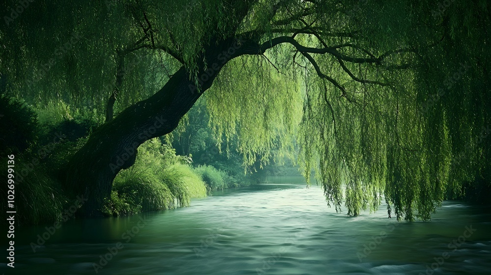 A peaceful, tranquil scene with a willow tree beside a gently flowing river A peaceful, tranquil scene with a willow tree beside a gently flowing river