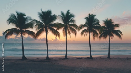 A row of palm trees swaying in the breeze along a tropical beach at sunset