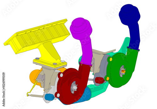 Multicolored turbines on a white background. Mechanical engineering.