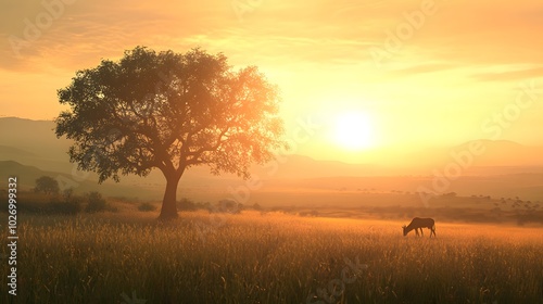 A tree in a savanna, silhouetted against the rising sun with wildlife grazing nearby