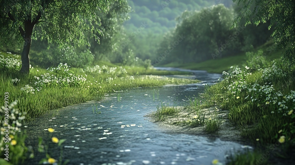 Serene Flowing Stream Amidst Lush Greenery Serene Flowing Stream Amidst Lush Greenery