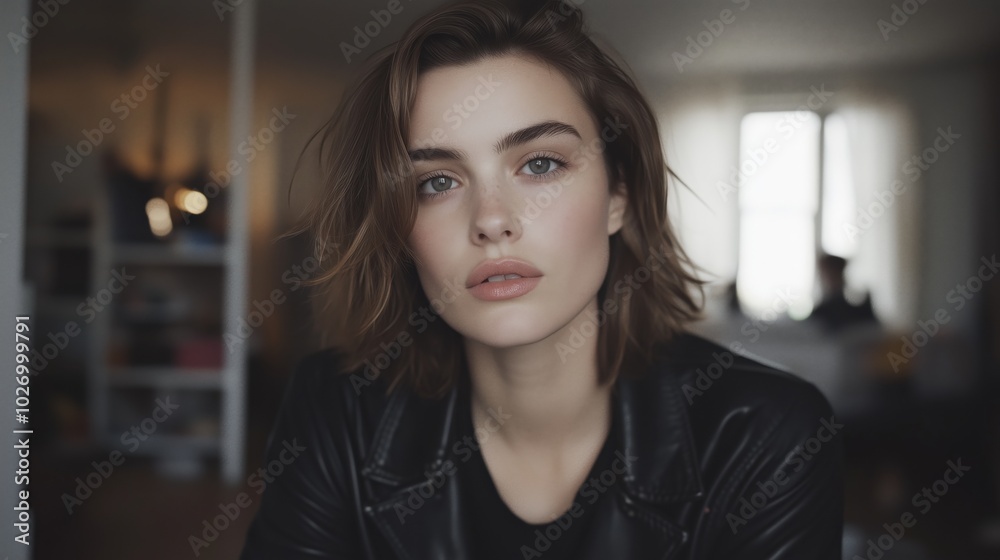 Young woman in black leather jacket relaxing indoors for fashion editorial Young woman in black leather jacket relaxing indoors for fashion editorial