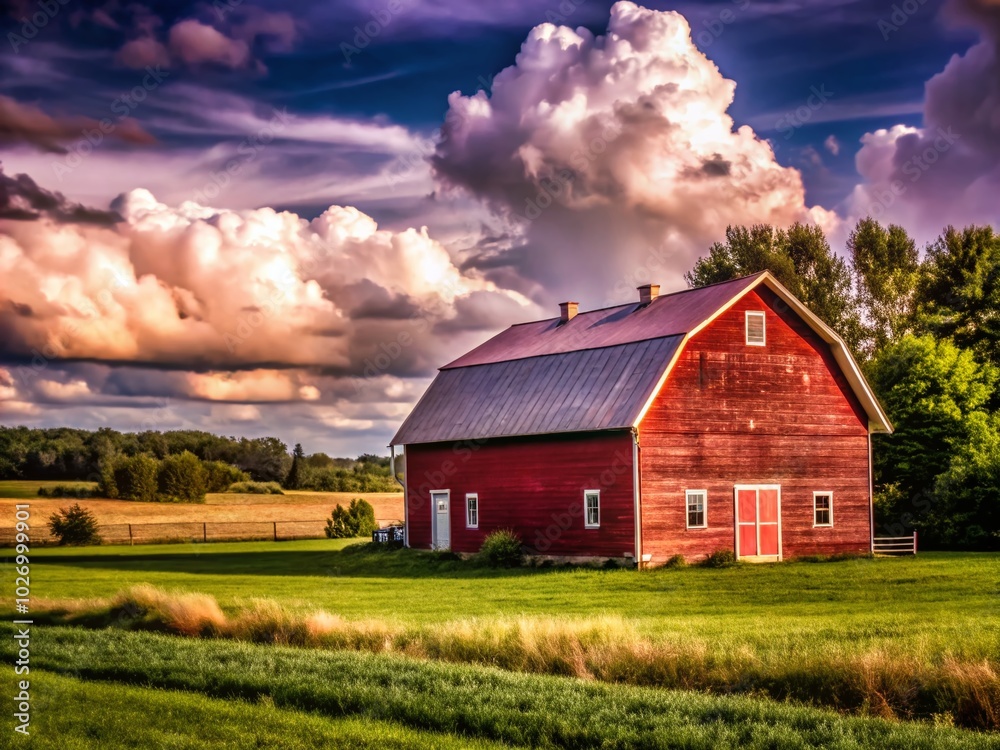Obraz premium Red Barn on Lush Green Field Under Dramatic Cloudy Sky - Scenic Farm Landscape