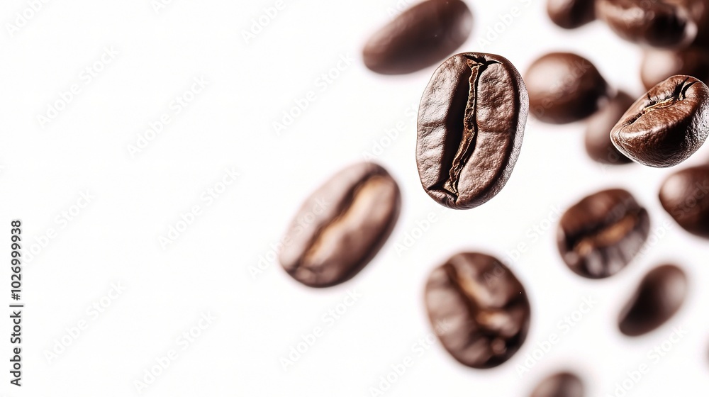Coffee Beans in Mid-Air Against a White Background