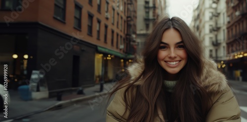 Young woman smiling outdoors in urban winter scene - lifestyle and fashion photography