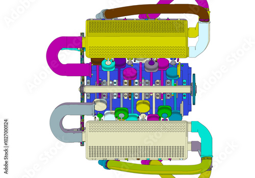 Multicolored V-shaped automobile engine on white background.