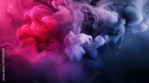 Vibrant abstract smoke swirling in shades of pink and purple, flowing gracefully against a deep, dark background. This captivating scene features an ethereal fog-like atmosphere, blending colors like 