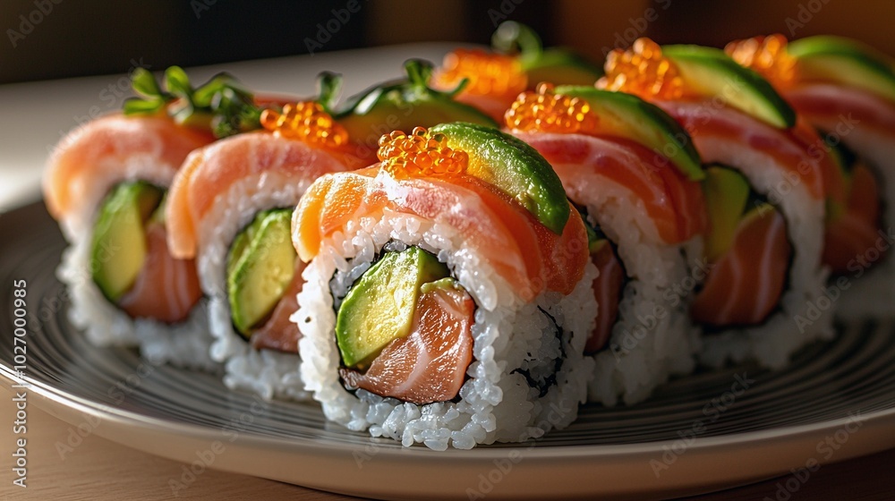 Exquisite Sushi Rolls: Fresh Fish and Avocado in a Japanese Restaurant Setting Exquisite Sushi Rolls: Fresh Fish and Avocado in a Japanese Restaurant Setting
