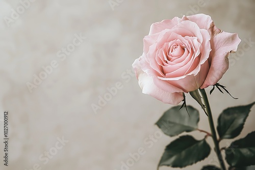 A delicate pink rose stands elegantly against a muted background, showcasing soft petals and lush green leaves.