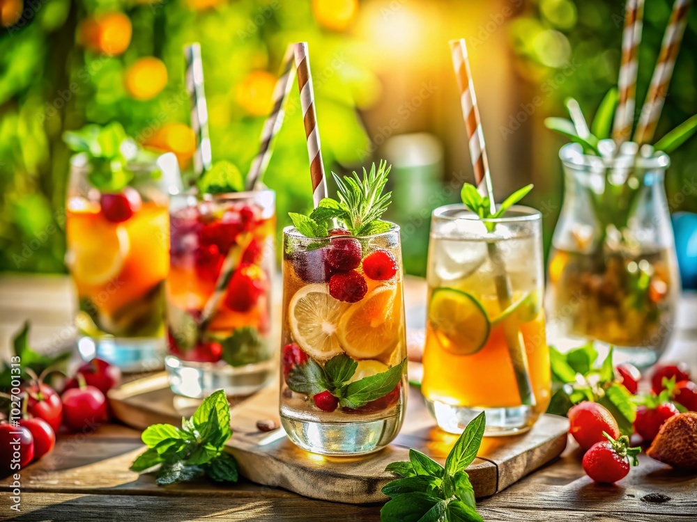 Fototapeta premium Refreshing, colorful summer aperitif drinks in elegant glasses with vibrant straws, capturing the essence of a lively lifestyle perfect for sunny