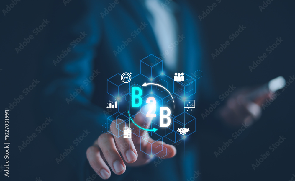 B2B Market concept. Businessman show B2B, Business to business ecommerce, digital marketing, online shopping, development technology, supply chain. B2B company commerce technology digital Marketing B2B Market concept. Businessman show B2B, Business to business ecommerce, digital marketing, online shopping, development technology, supply chain. B2B company commerce technology digital Marketing