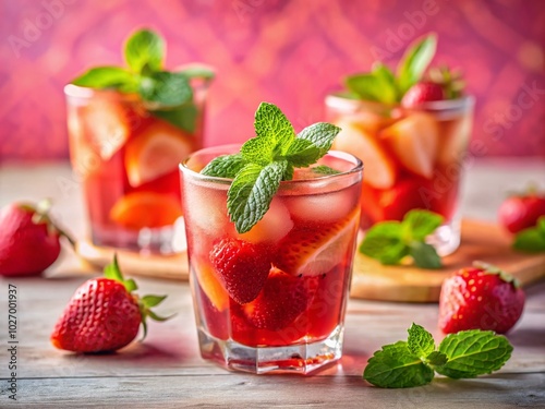 Refreshing Strawberry Lemonade with Mint on Pink Background - Food Photography