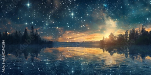 A painting of a night sky with stars above a lake.