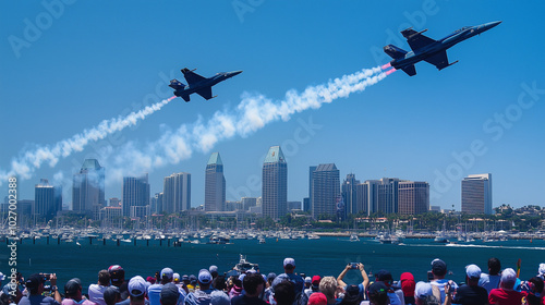 naval air show at San Diego Fleet Week, fighter jets perform acrobatic maneuvers above the blue sky, spectators below look up in awe, Ai generated images photo