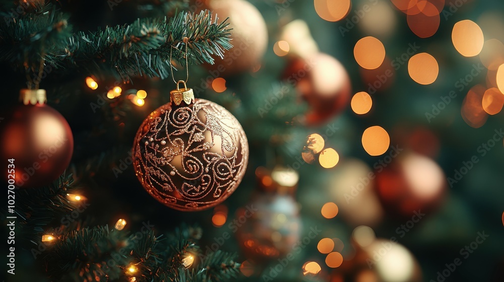 A detailed 3D close-up of a Christmas tree, with intricately designed ornaments and fairy lights, set against a softly blurred background to create a warm and festive atmosphere, perfect for copy A detailed 3D close-up of a Christmas tree, with intricately designed ornaments and fairy lights, set against a softly blurred background to create a warm and festive atmosphere, perfect for copy