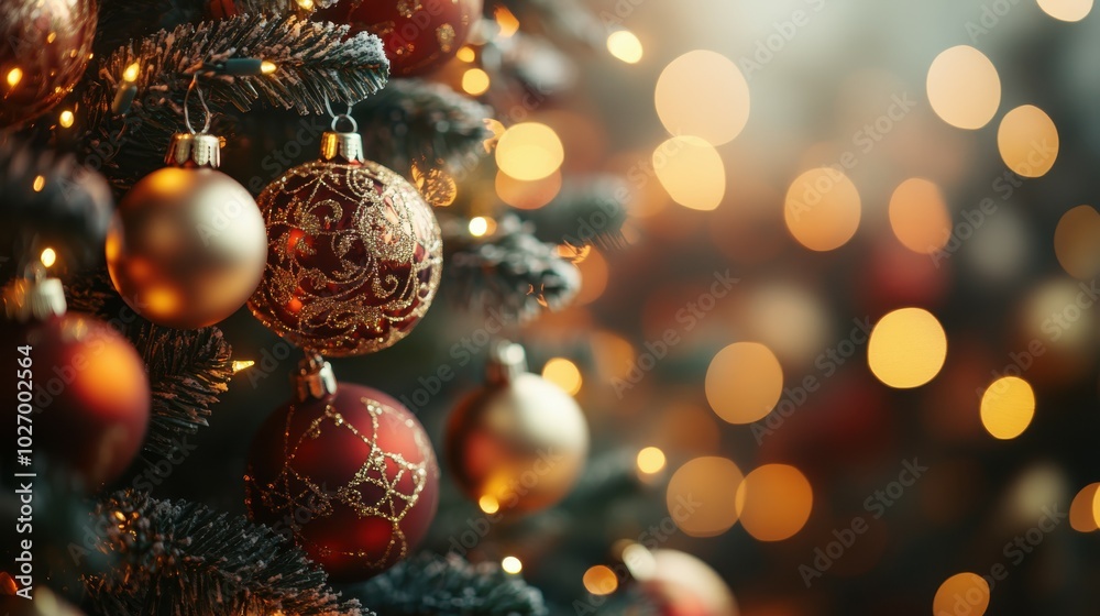 Fototapeta premium A detailed 3D close-up of a Christmas tree, with intricately designed ornaments and fairy lights, set against a softly blurred background to create a warm and festive atmosphere, perfect for copy