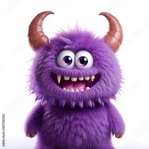 Behold! A cheerful purple monster with horns, big eyes, and a wide, toothy grin. Pure joy!