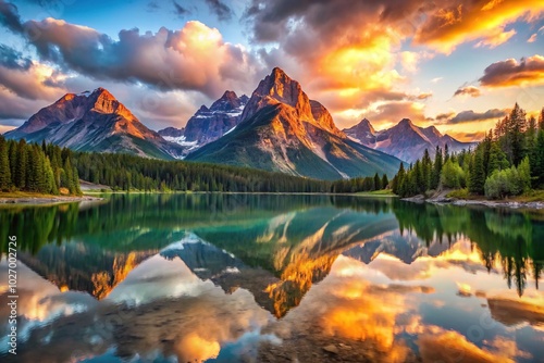 Tranquil Scenic View of Majestic Mountains Reflecting in a Serene Lake at Sunrise in Nature's Beauty