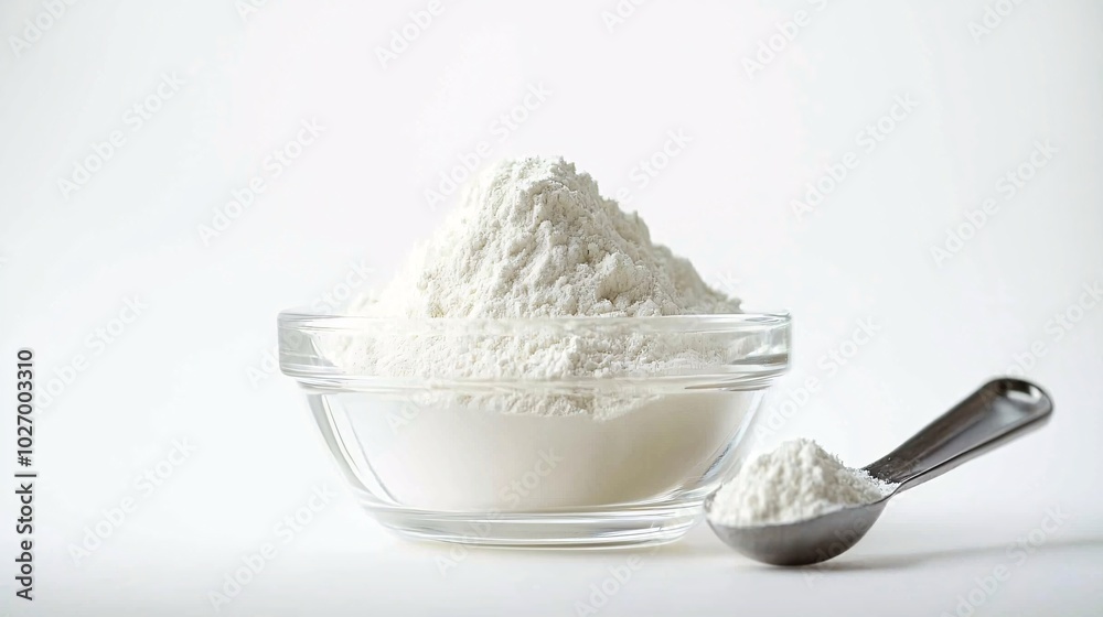 A scoop of collagen powder sits in a transparent bowl on a pristine white surface, emphasizing its wellness advantages. A scoop of collagen powder sits in a transparent bowl on a pristine white surface, emphasizing its wellness advantages.