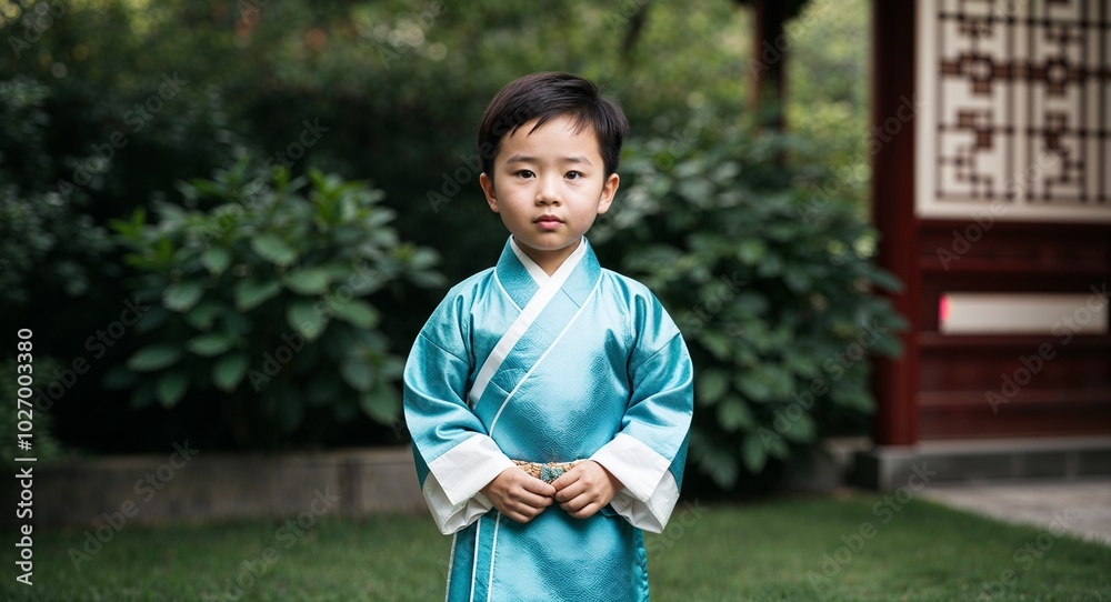 Chinese child boy in traditional silk robe neutral expression portrait photo garden background Chinese child boy in traditional silk robe neutral expression portrait photo garden background