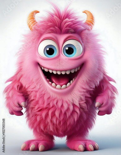 Adorable pink monster with fluffy fur, big eyes, and a joyful grin. A delightful 3D rendering of a friendly creature.