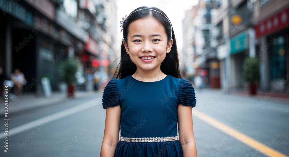 Chinese kid girl in a modern dress smiling portrait photo urban street background Chinese kid girl in a modern dress smiling portrait photo urban street background