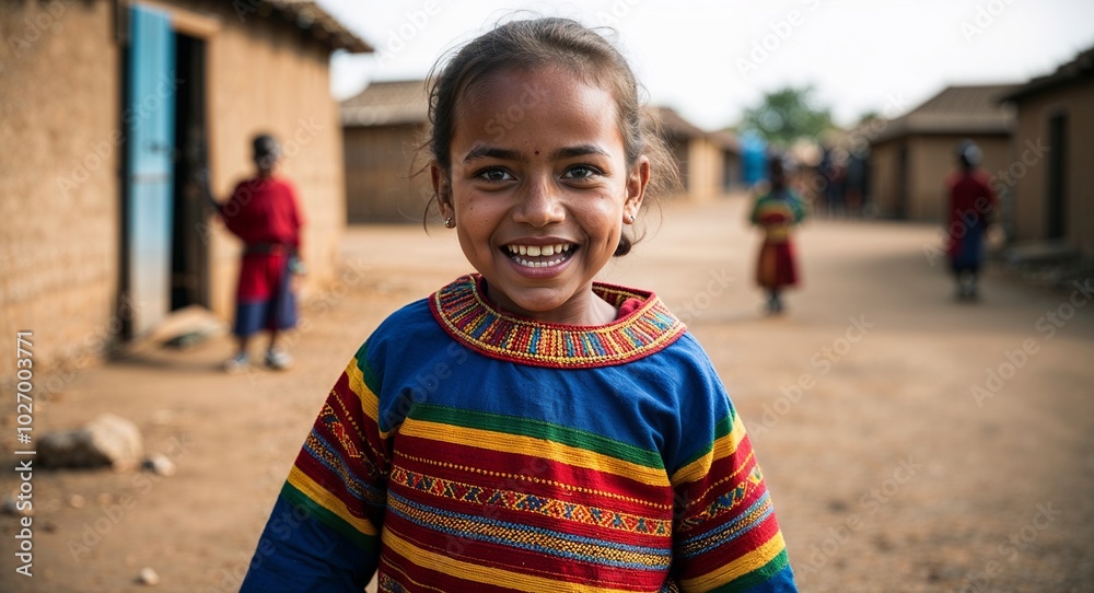 Ethiopian kid girl in colorful traditional clothing joyful expression portrait photo village background Ethiopian kid girl in colorful traditional clothing joyful expression portrait photo village background