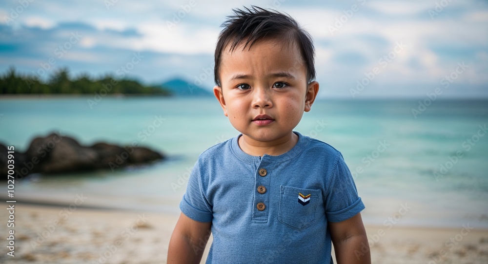 Filipino toddler boy in casual clothes calm expression portrait photo beach resort background Filipino toddler boy in casual clothes calm expression portrait photo beach resort background