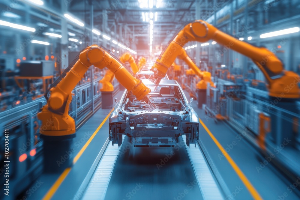 Naklejka premium An automated robot system securing the chassis to a car body