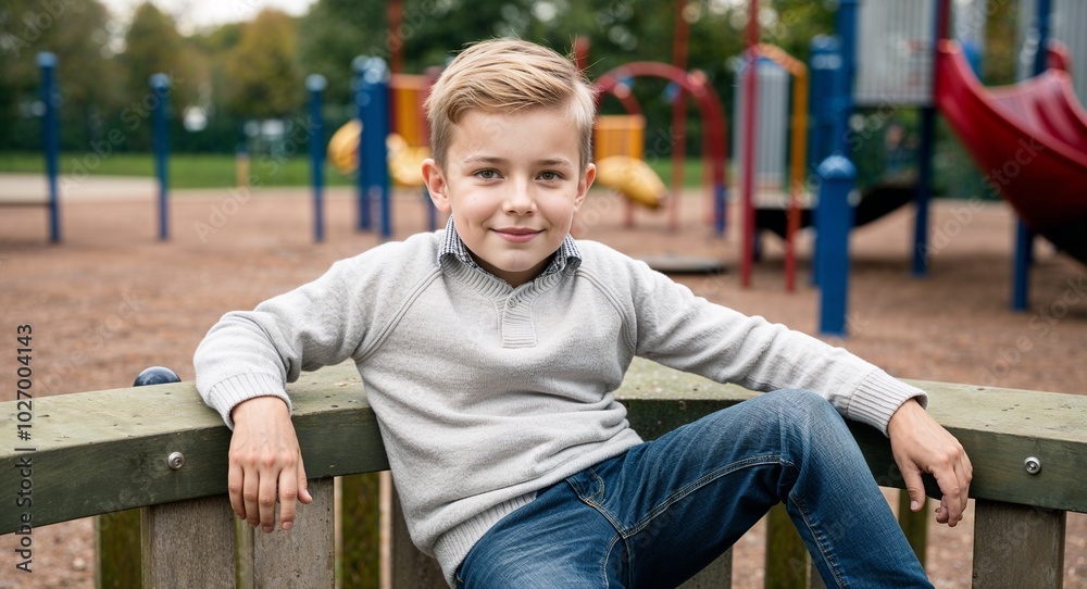 German kid boy in casual sweater and jeans relaxed expression portrait photo playground background German kid boy in casual sweater and jeans relaxed expression portrait photo playground background