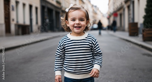 French toddler girl in striped sweater smiling portrait photo urban street background