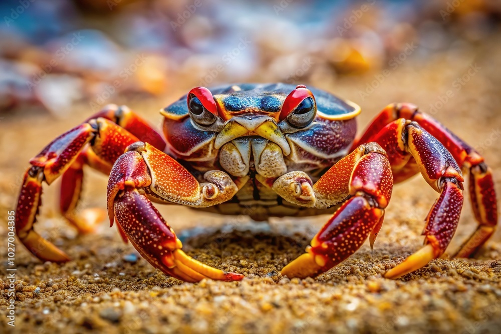 Unique Troll Crab Crawling on the Beach with Intricate Patterns and Vibrant Colors in Natural Habitat Unique Troll Crab Crawling on the Beach with Intricate Patterns and Vibrant Colors in Natural Habitat