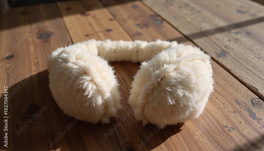 Fototapeta premium Fluffy white earmuffs on wooden table in sunlight