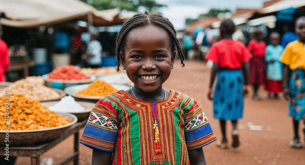 Kenyan child girl in traditional dress joyful smile portrait photo outdoor market background Kenyan child girl in traditional dress joyful smile portrait photo outdoor market background