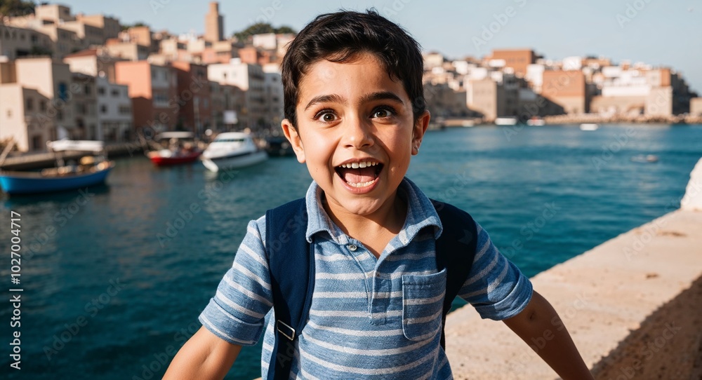 Moroccan kid boy in a casual outfit excited expression portrait photo coastal town background Moroccan kid boy in a casual outfit excited expression portrait photo coastal town background