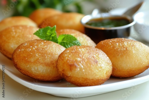 A row of pani puris neatly arranged on a plate, with mint water and spicy tamarind sauce on the side