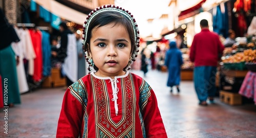 Moroccan toddler girl in traditional kaftan neutral expression portrait photo marketplace background