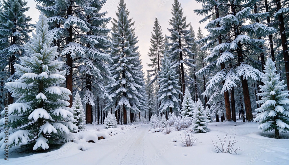 Snow-covered forest trail with tall pine trees, ski resorts Snow-covered forest trail with tall pine trees, ski resorts