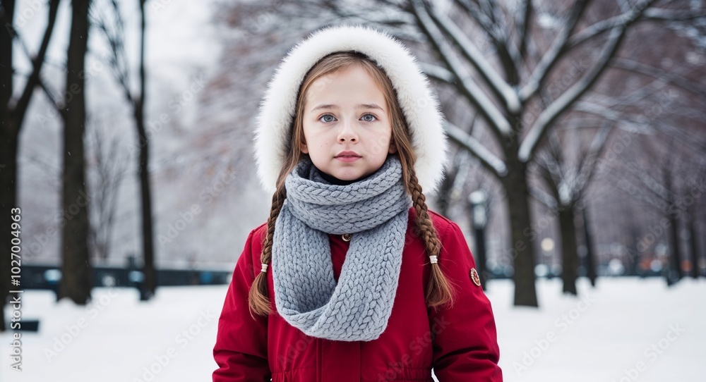 Russian child girl in a winter coat and scarf neutral expression portrait photo snowy park background