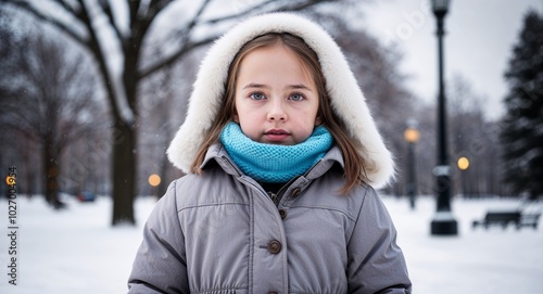 Russian child girl in a winter coat and scarf neutral expression portrait photo snowy park background