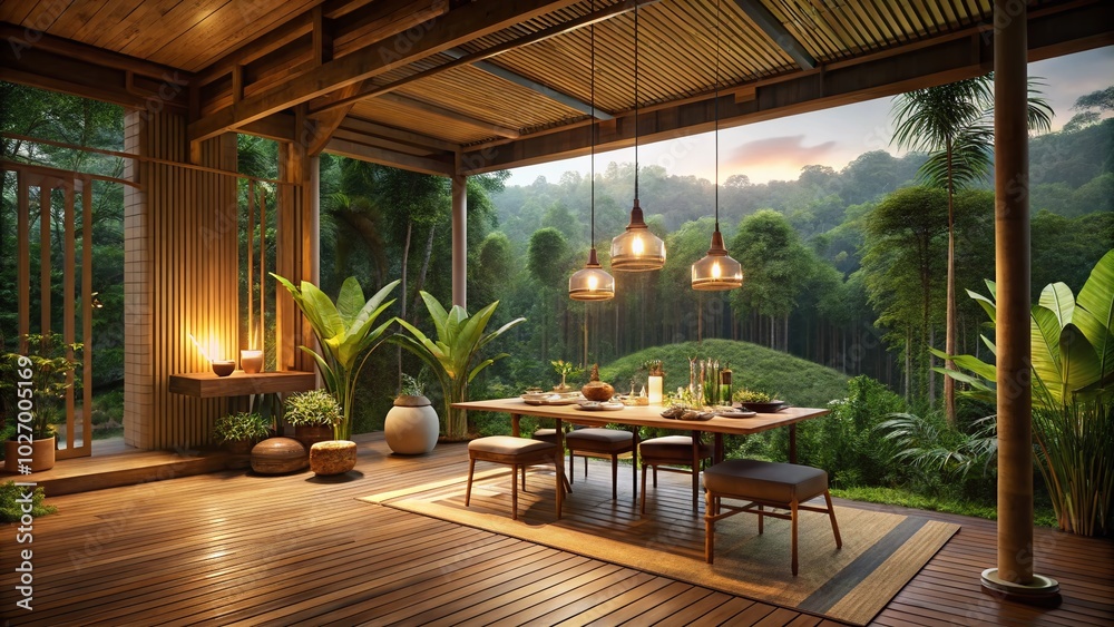 Fototapeta premium Romantic Dinner in a Bamboo Eco House Surrounded by Night Jungle Serenity