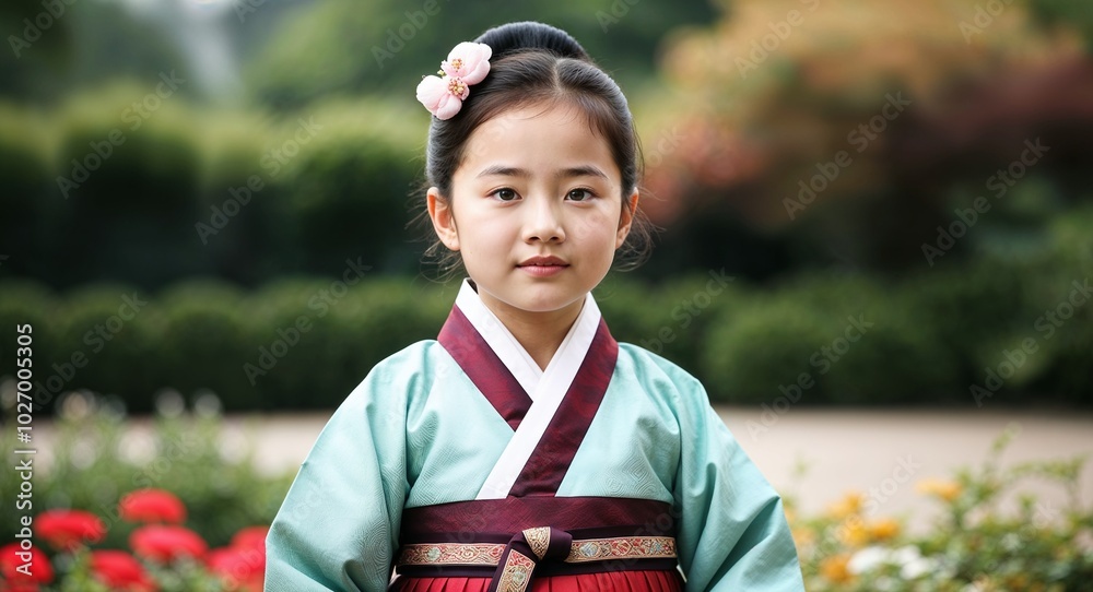 South Korean child girl in traditional hanbok calm expression portrait photo garden background South Korean child girl in traditional hanbok calm expression portrait photo garden background