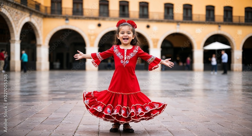 Spanish child girl in red flamenco dress joyful expression portrait photo plaza background Spanish child girl in red flamenco dress joyful expression portrait photo plaza background